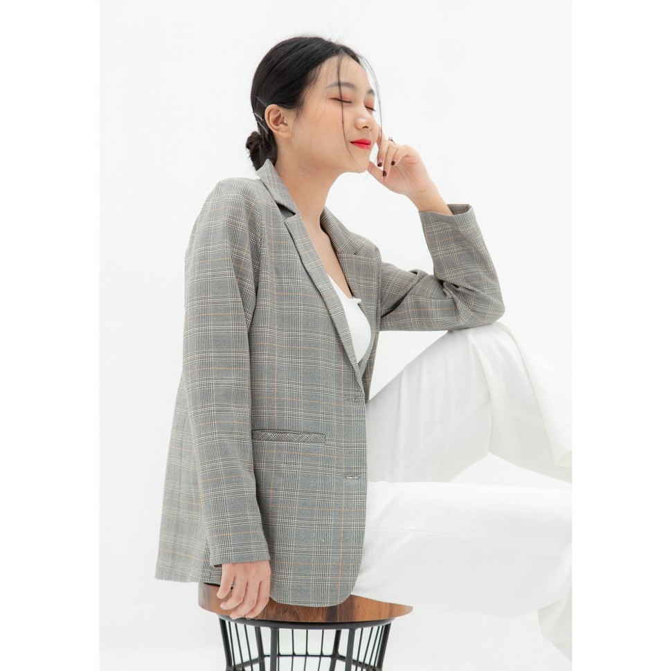 Áo vest nữ blazer KHÀN họa tiết caro xám kẻ vàng áo khoác công sở tay dài 1 lớp phong cách Hàn Quốc