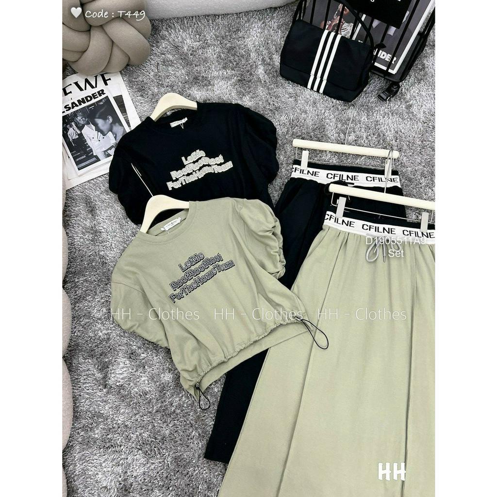Set bộ áo croptop tay ngắn in chữ rút dây kèm chân váy dài!