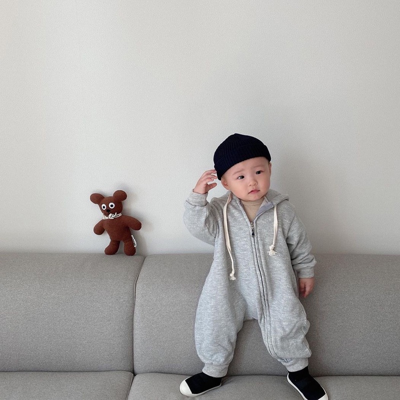 Áo liền quần tay dài có mũ trùm đầu và khóa kéo phong cách Hàn Quốc thời trang thu đông dành cho trẻ em 1z0R