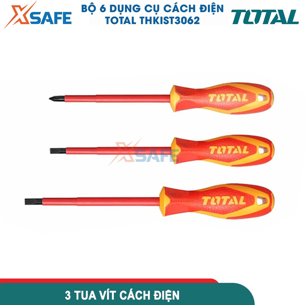 Bộ 6 công cụ cầm tay cách điện 1000V TOTAL THKIST3062 gồm 3 tua vít, 1 kềm răng, 1 kềm cắt cách điện và 1 bút thử điện