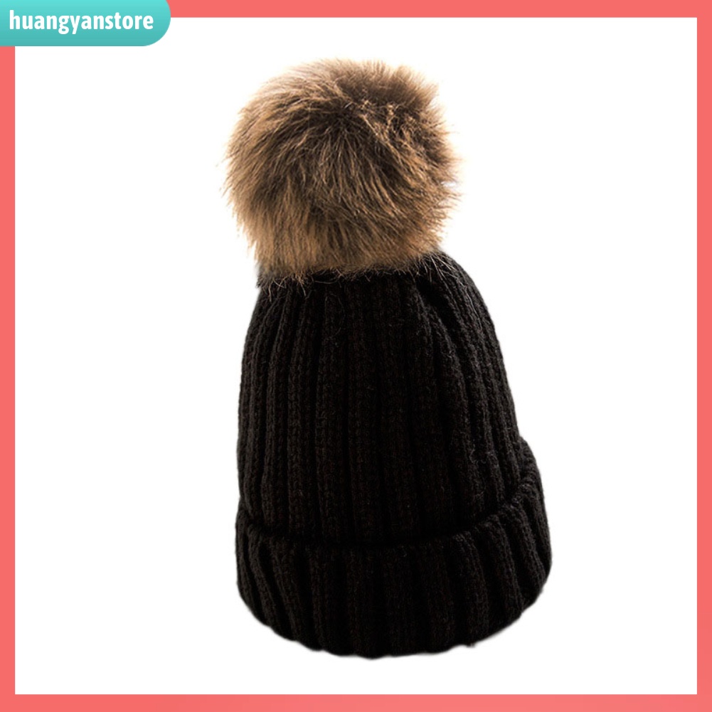HY| Mũ len đính bóng lông màu trơn giữ ấm cho nữ