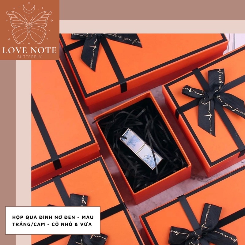 Hộp quà màu trắng/cam đính nơ đen cỡ VỬA và NHỎ - tặng sinh nhật, valentine 14/2, 8/3 20/10, giáng sinh, noel | BigBuy360 - bigbuy360.vn