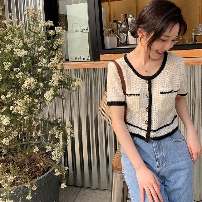 Áo croptop ZHELIHANGFEI dệt kim cổ tròn phối nút thời trang cho nữ