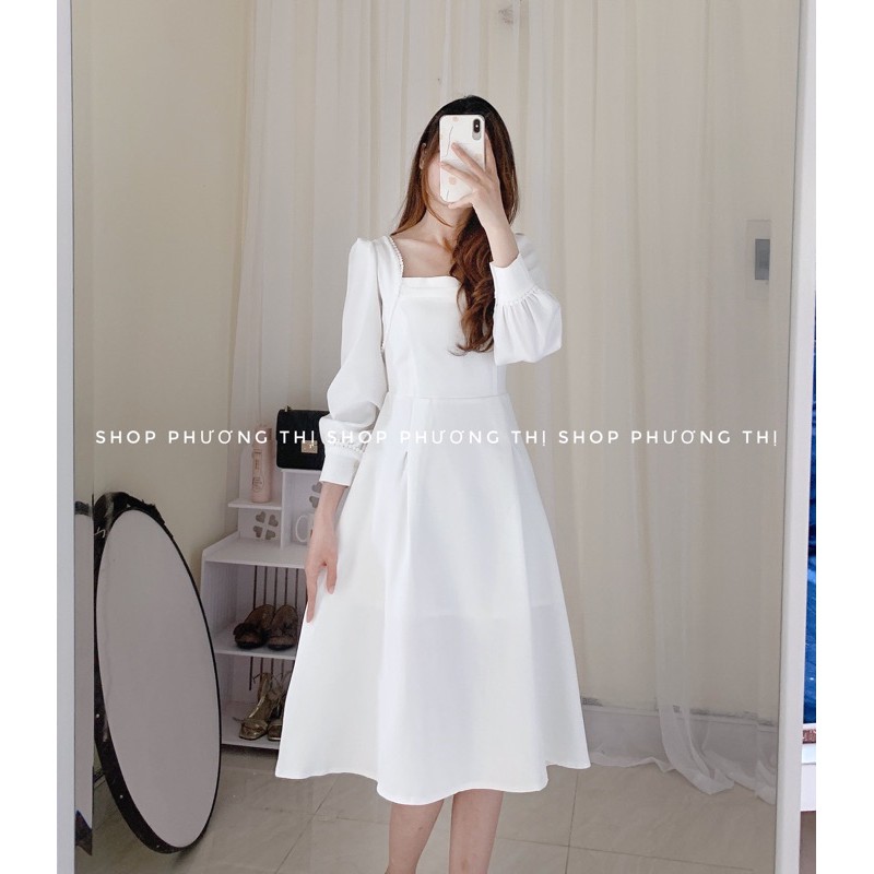 Váy trắng cổ vuông ren tay bồng siêu xinh 2812 (hàng sẵn)