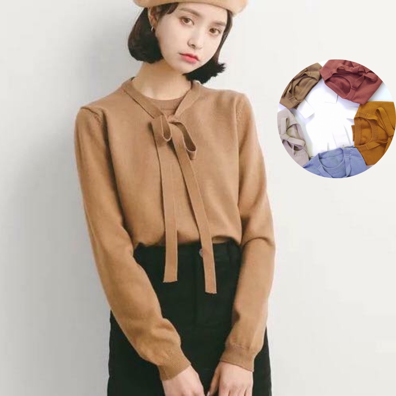 Áo len nữ cổ buộc nơ