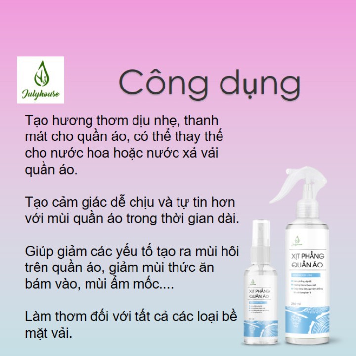 Xịt thơm và làm phẳng quần áo tinh dầu Gỗ Hồng tươi mát JULYHOUSE 50ml