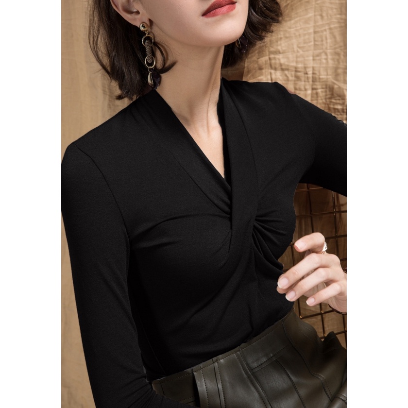 Áo thun nữ dài tay co dãn 4 chiều bigsize cổ xoắn LAVARA ALE04