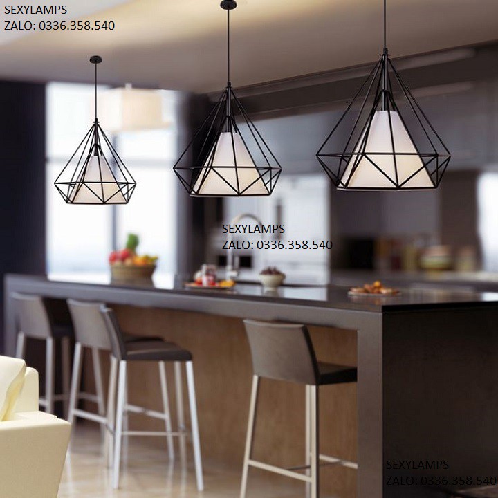 Đèn thả đơn kim cương khung sắt sơn tĩnh điện fi 380. Tặng Bóng Led Thủy Tinh