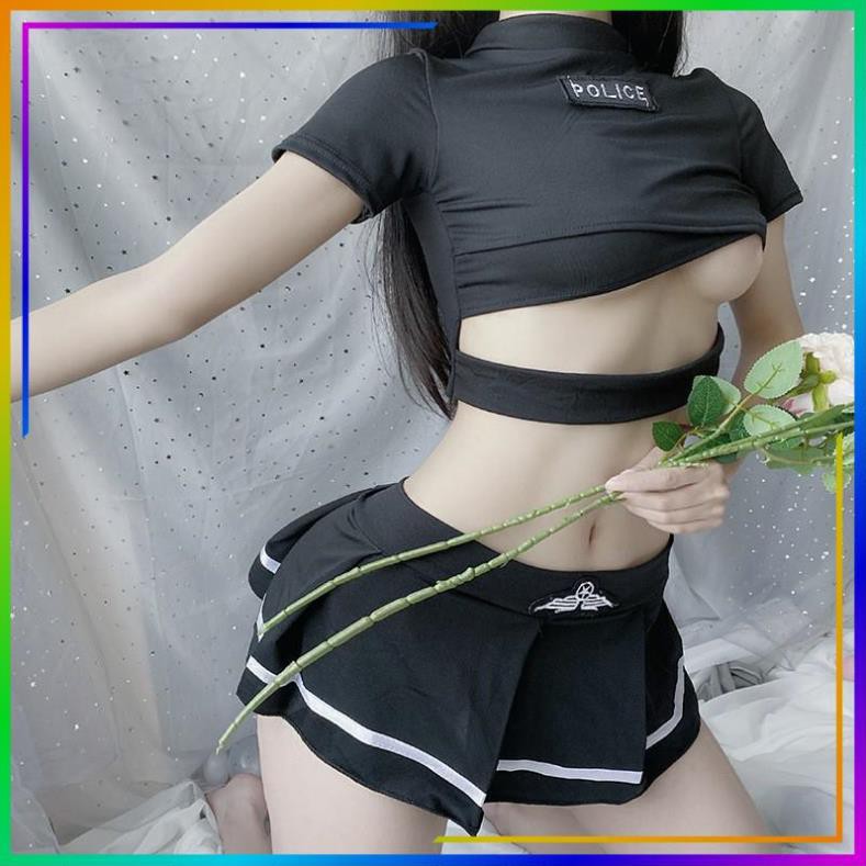 Bộ Đồ Ngủ Cosplay Tiếp Viên Gợi Cảm, Bộ Váy Ngủ C.Ả.N.H S.Á.T Sexy Gổm Mũ + Áo Croptop Cách Điệu + Đầm Dáng Xòe (Đen) | BigBuy360 - bigbuy360.vn