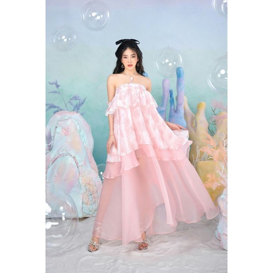 MADDY HATES ROSE - Maxi yếm hồng in hoa- Maxi voan tơ