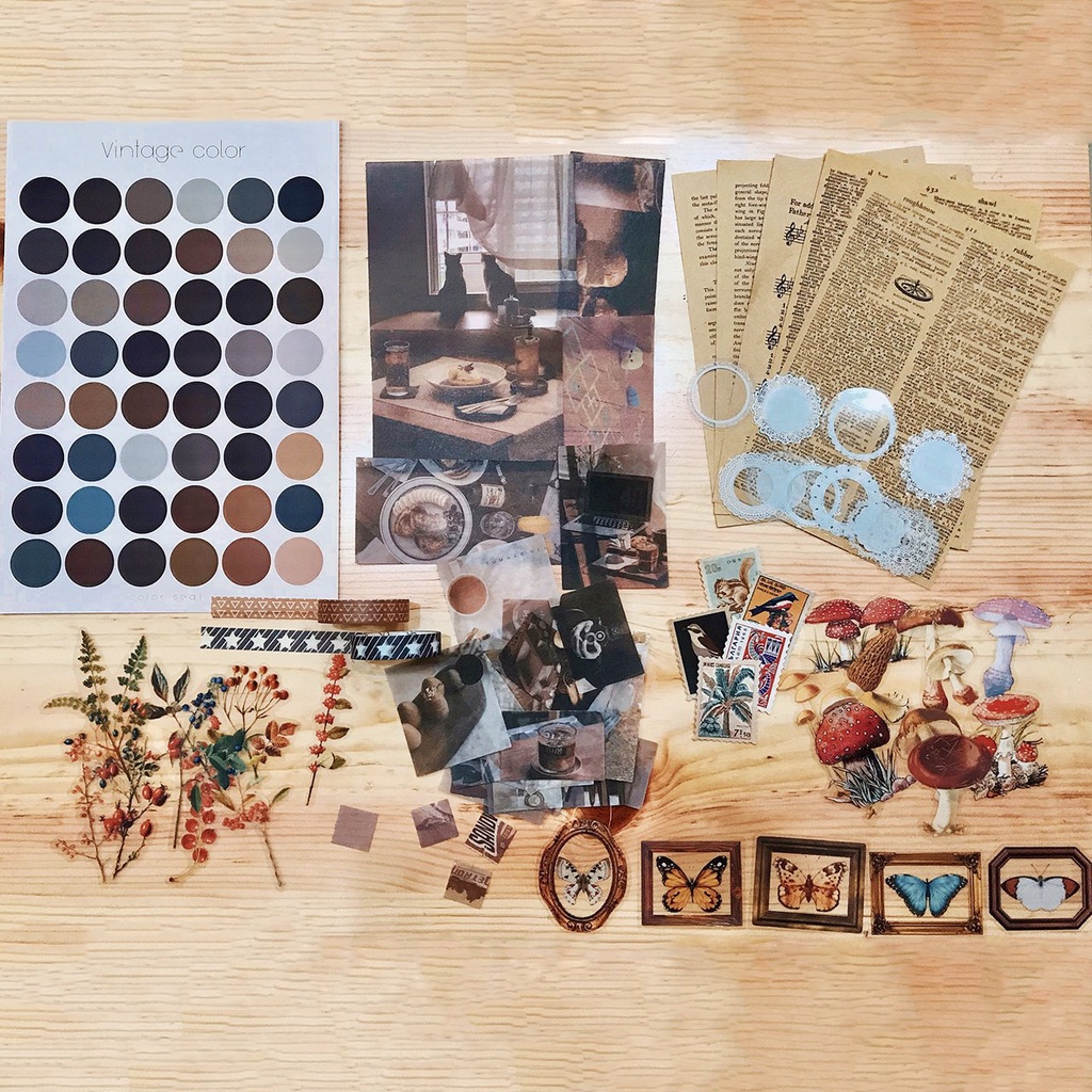 Set phụ kiện trang trí sổ bullet journal Retro gồm túi quà tặng kraft vintage, sticker, washi tape