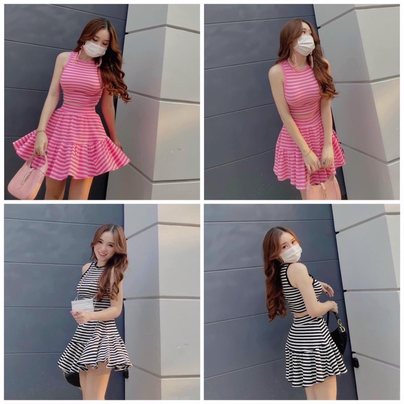 Set bộ sọc áo ba lỗ croptop + chân váy tầng xòe