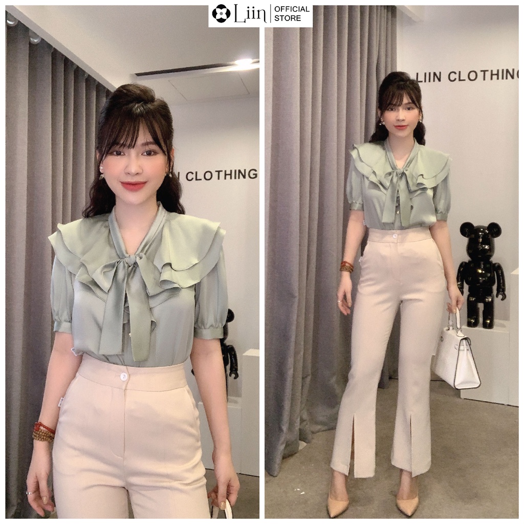Áo kiểu nữ cộc tay chất vải lụa mix cổ nơ xanh phong cách điệu đà, mặc duyên dáng Liin Clothing A2357