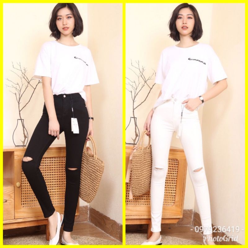 Quần jeans skinny đen  trắng rách ngang gối, quần bò nữ dáng ôm