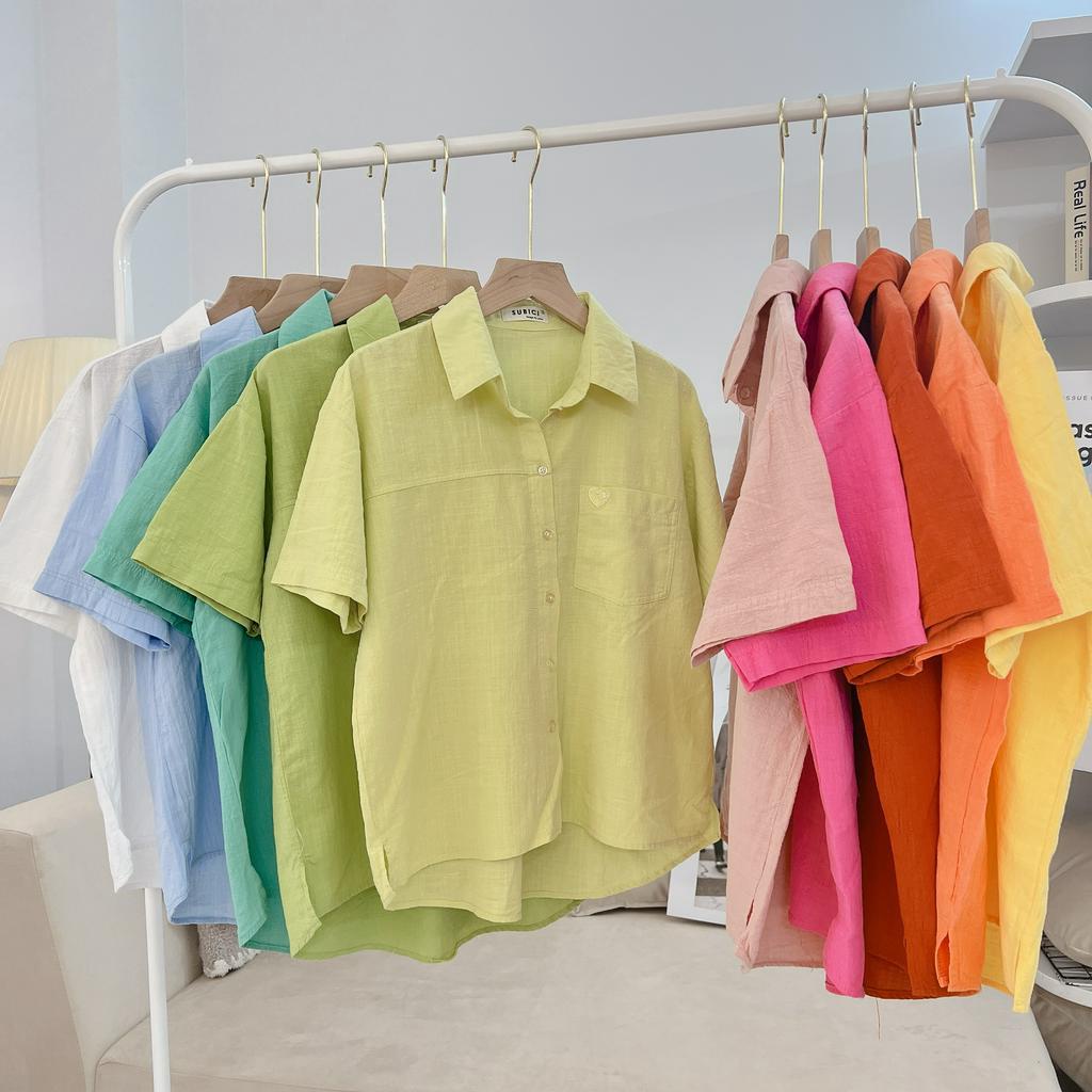 Áo Sơ Mi Nữ Tay Ngắn Nhiều Màu Phong Cách Hàn Quốc Thêu Trái Tim Cực Xinh Chất Liệu Linen Bột Nhẹ Mát SUBICI