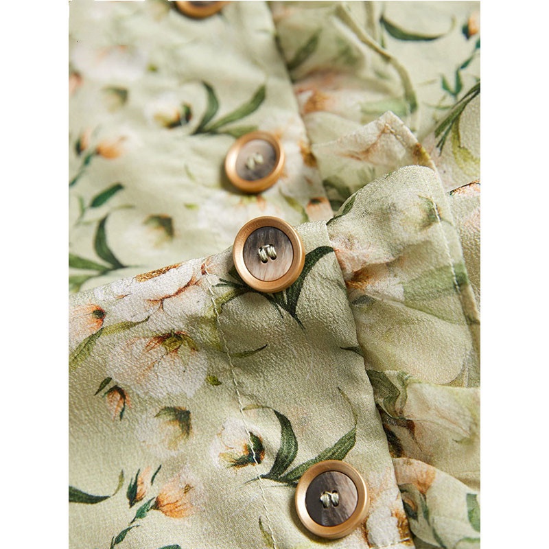 Áo Sơ Mi chiffon Tay Dài In Hoa Màu Xanh Lá Tươi Mới Cho Nữ