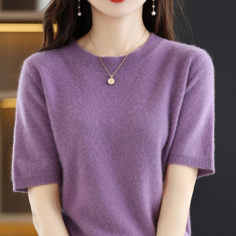 Áo Thun Dệt Kim Tay Ngắn Cổ Tròn Màu Trơn Thời Trang Mùa Hè Cho Nữ