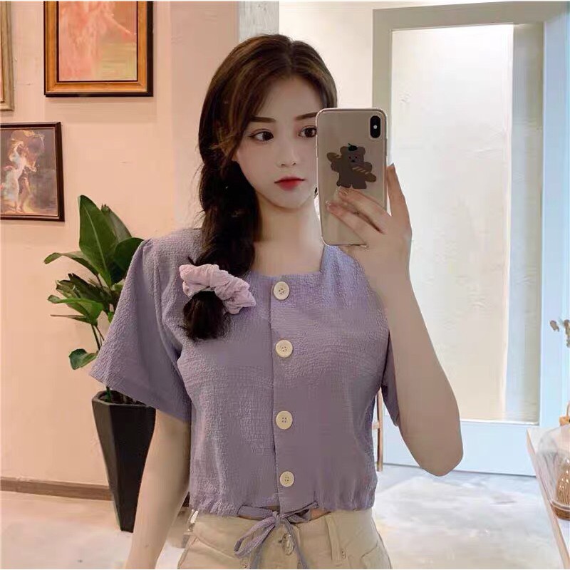 Áo croptop cổ vuông LaNa có dây buộc eo, Áo kiểu tay ngắn kiểu sơ mi Phong cách ulzzang Hàn Quốc C51