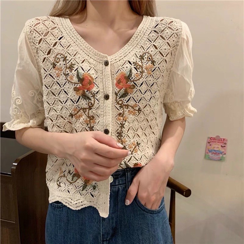Áo ren hoạ tiết thêu hoa pha tay boi hit hot