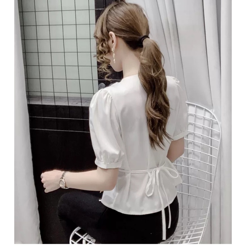 Áo Cổ V Thắt Eo Màu TRơn Mẫu Mới Phong cách Hàn Quốc Mùa Hè