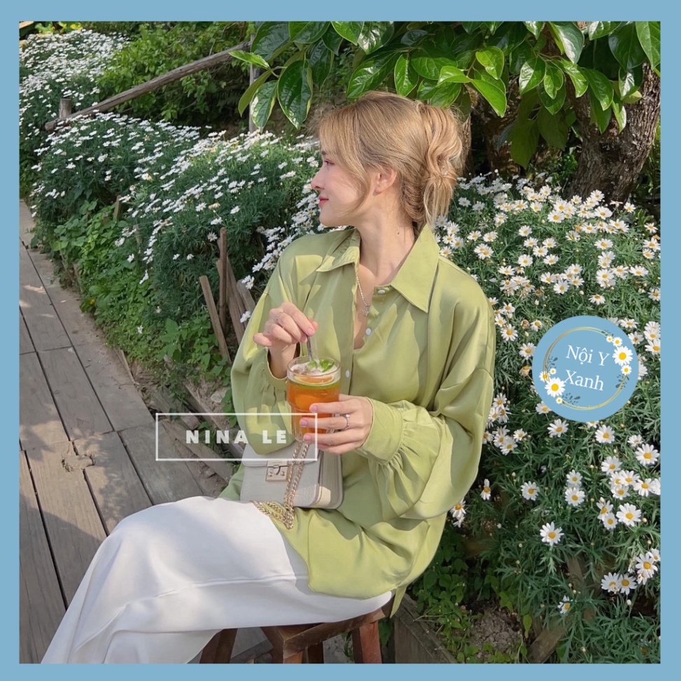 Set áo sơ mi xanh bơ Hình THẬT, phối quần suông trắng dáng dài chất tuyết mưa hottrend freesize nội y xanh chất mềm