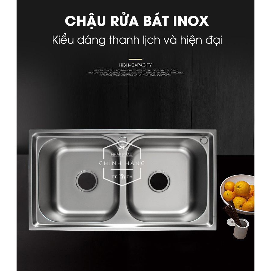 Chậu  rửa bát 2 hố inox 304 kiểu dáng sang trọng ,tiện ghi bảo hành 12 tháng ( có bộ xả đi kèm ).