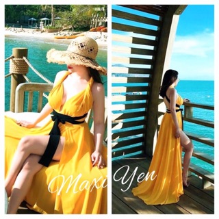 [HÌNH THẬT❤] ĐẦM MAXI LỤA VÀNG DÂY ĐEN HỞ LƯNG XẺ TÀ SANG TRỌNG DM4635001 MAXI YẾN