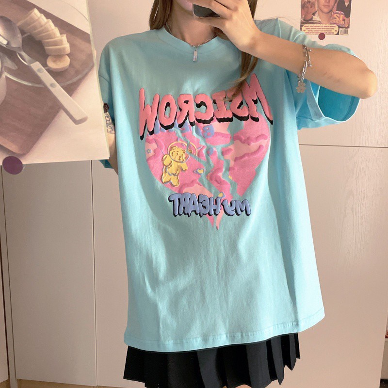 Áo thun tay ngắn in hoạt hình dáng rộng kiểu Hàn Quốc cho nữ
