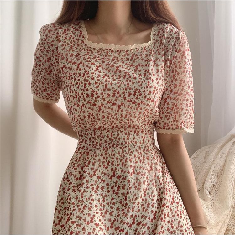 Váy vintage hoa nhí cổ vuông phối ren dáng xòe nhẹ hàn quốc chun eo - 502 | BigBuy360 - bigbuy360.vn