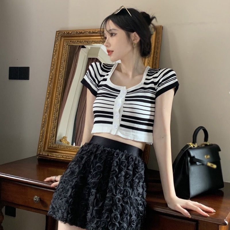 Áo Croptop Dệt Kim Cổ Vuông Thời Trang Cho Nữ