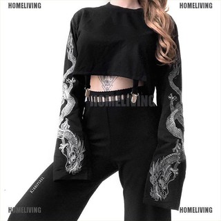 [Homeliving] Áo Sweatshirt Dáng Rộng Ngắn Thêu Hình Rồng Phong Cách Gothic Punk Quyến Rũ Cho Nữ