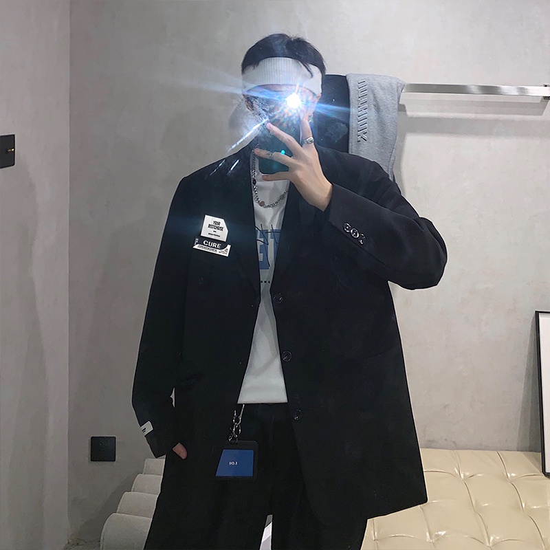 ♞AFF LIGA♞ Áo khoác blazer tay dài dáng rộng màu trơn phong cách Hàn Quốc cho nam
