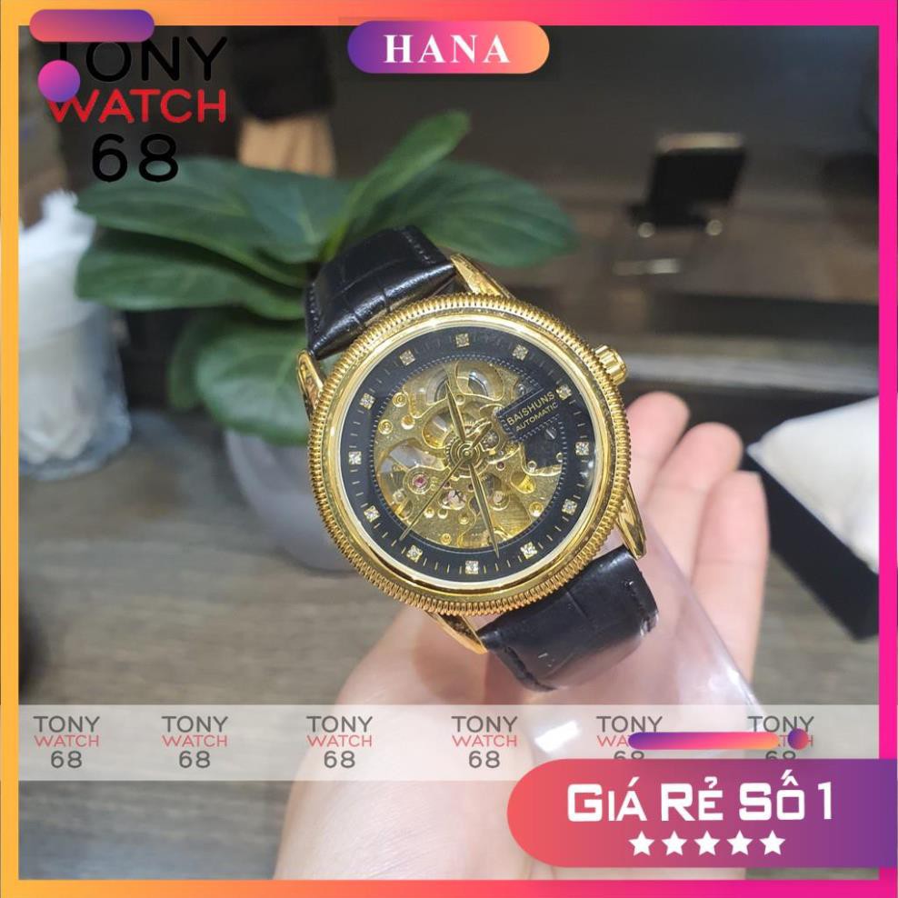 Đồng hồ cơ nam lộ máy giá rẻ dây da chính hãng Baishuns chống nước Tony Watch