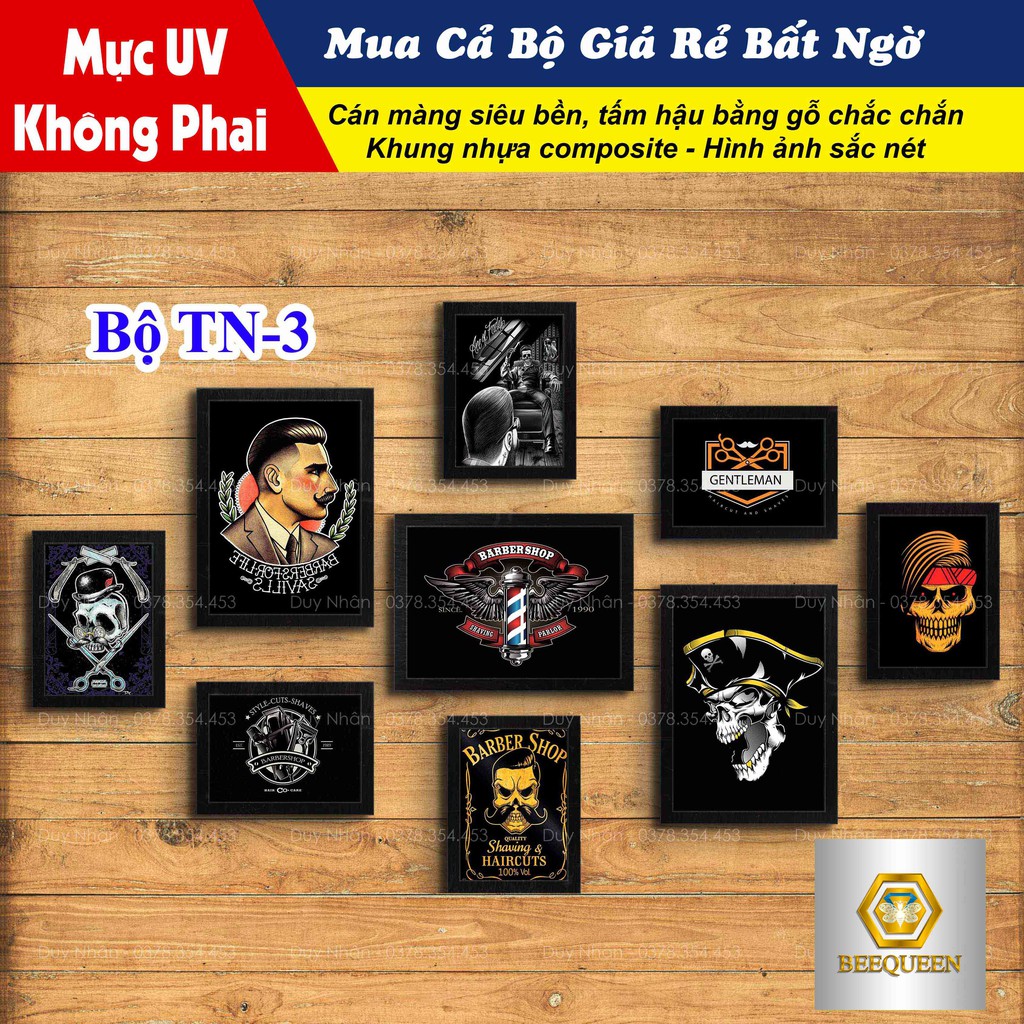 Bộ 9 Khung Tranh Trang Trí Quán Tóc Nam Nữ Tông Đen - Tặng Kèm Phụ Kiện | TN3