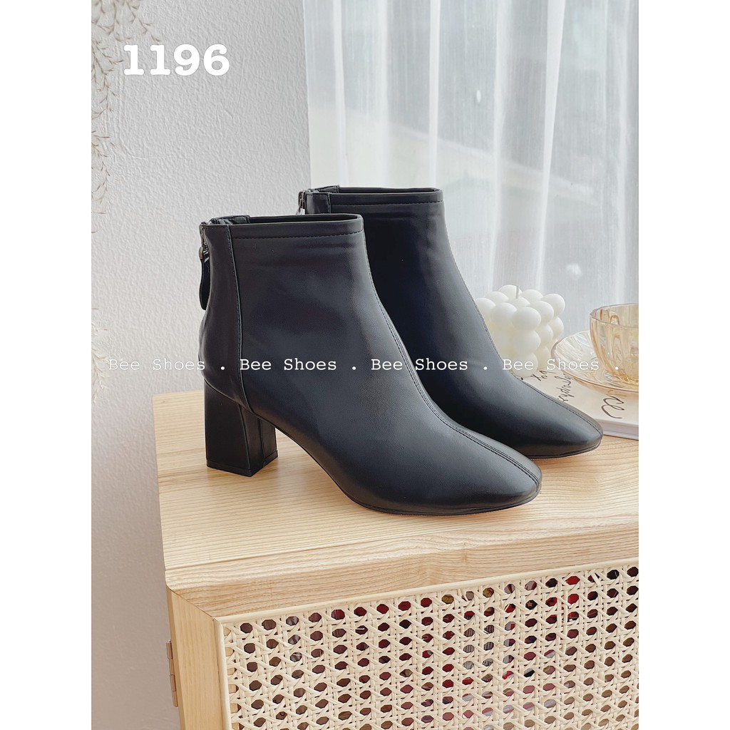 BEESHOES - BOOT NỮ MŨI TRÒN TRƠN CỔ THẤP ĐẾ VUÔNG - BỐT NỮ MŨI TRÒN ĐẾ VUÔNG CAO 7 PHÂN SẴN MÀU ĐEN - KEM - BÒ 201196