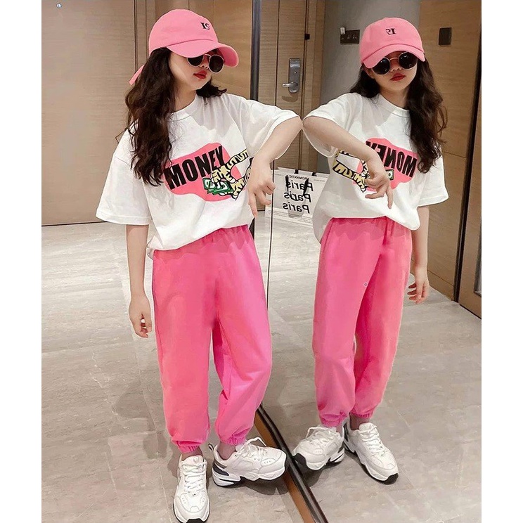 Bộ quần áo thun hè "MO.NEY" 14-45kg cho bé gái 4-14 tuổi. Thiết kế đẹp - Hàng may kỹ. STG25