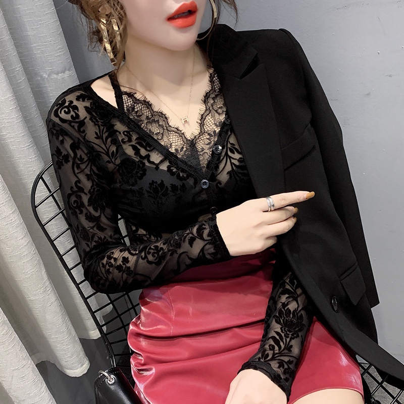Áo lưới dài tay cổ chữ v phối ren thời trang mùa xuân cho nữ Áo ren dài tay