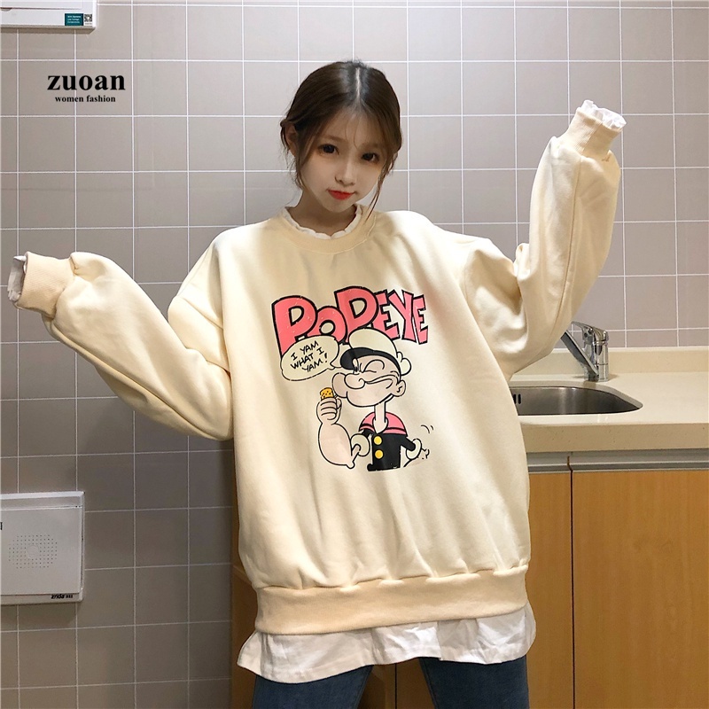 SUXI Áo nỉ nữ dài tay cổ tròn thời trang Hàn