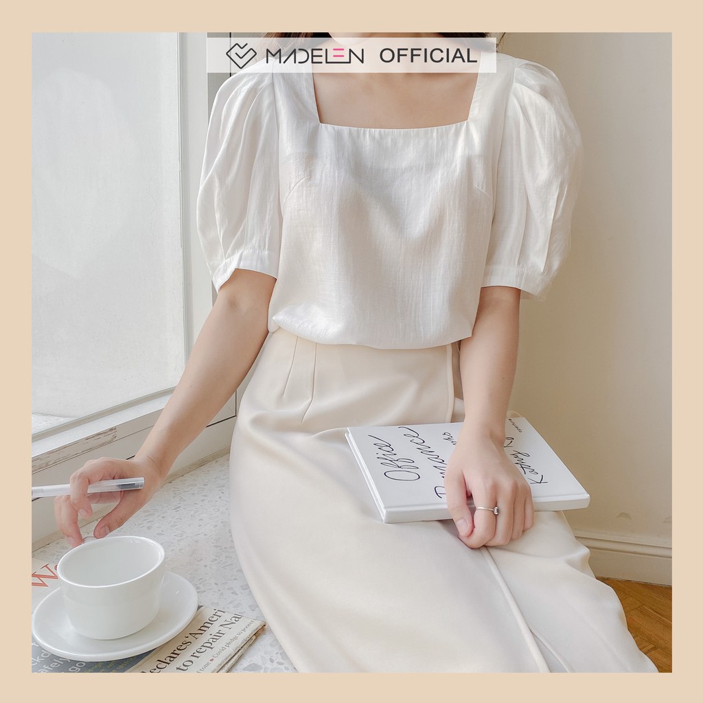 Áo cổ vuông ngắn nữ MADELEN dáng tay bồng màu trắng basic