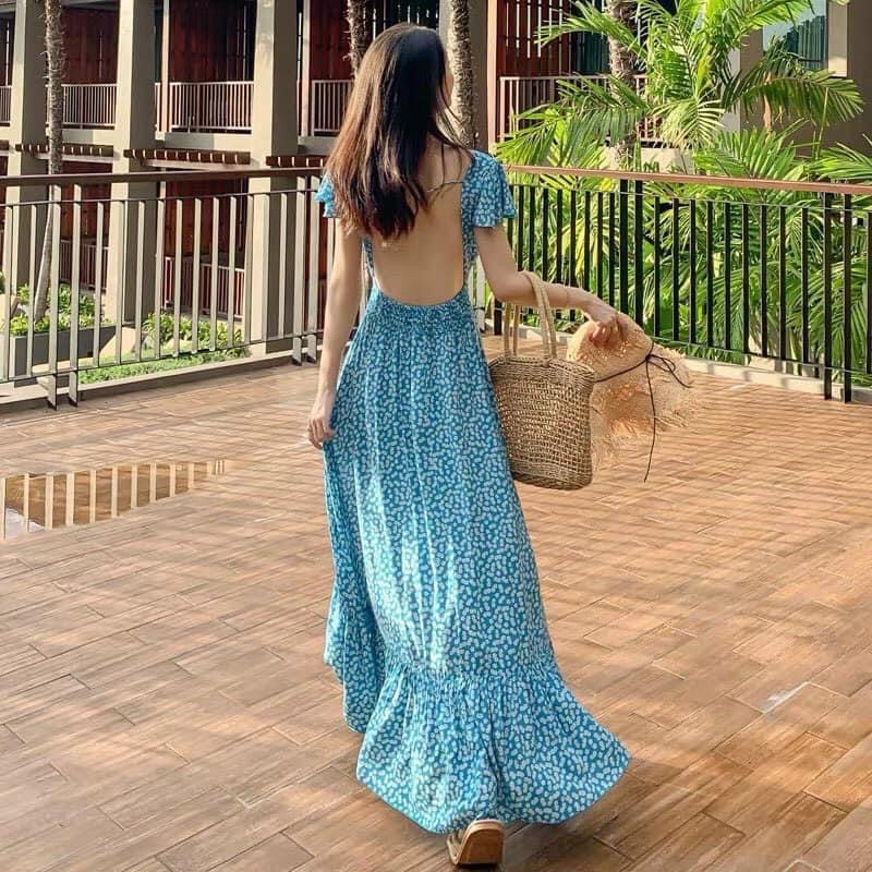 Đầm maxi hoa nhí xanh hở lưng cực vintage nàng thơ lên hình chất chill