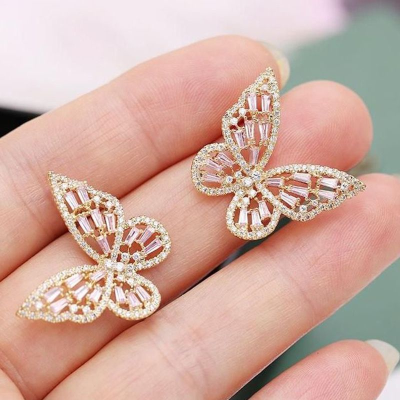 Khuyên tai bạc 925 hình bướm rỗng đính đá zircon thời trang