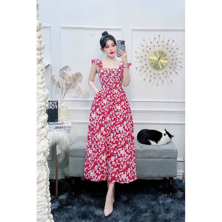 Đầm cánh tiên hoa xếp ly ngực dáng dài suông đi tiệc đi biển mặc tết siêu đẹp hình thật
