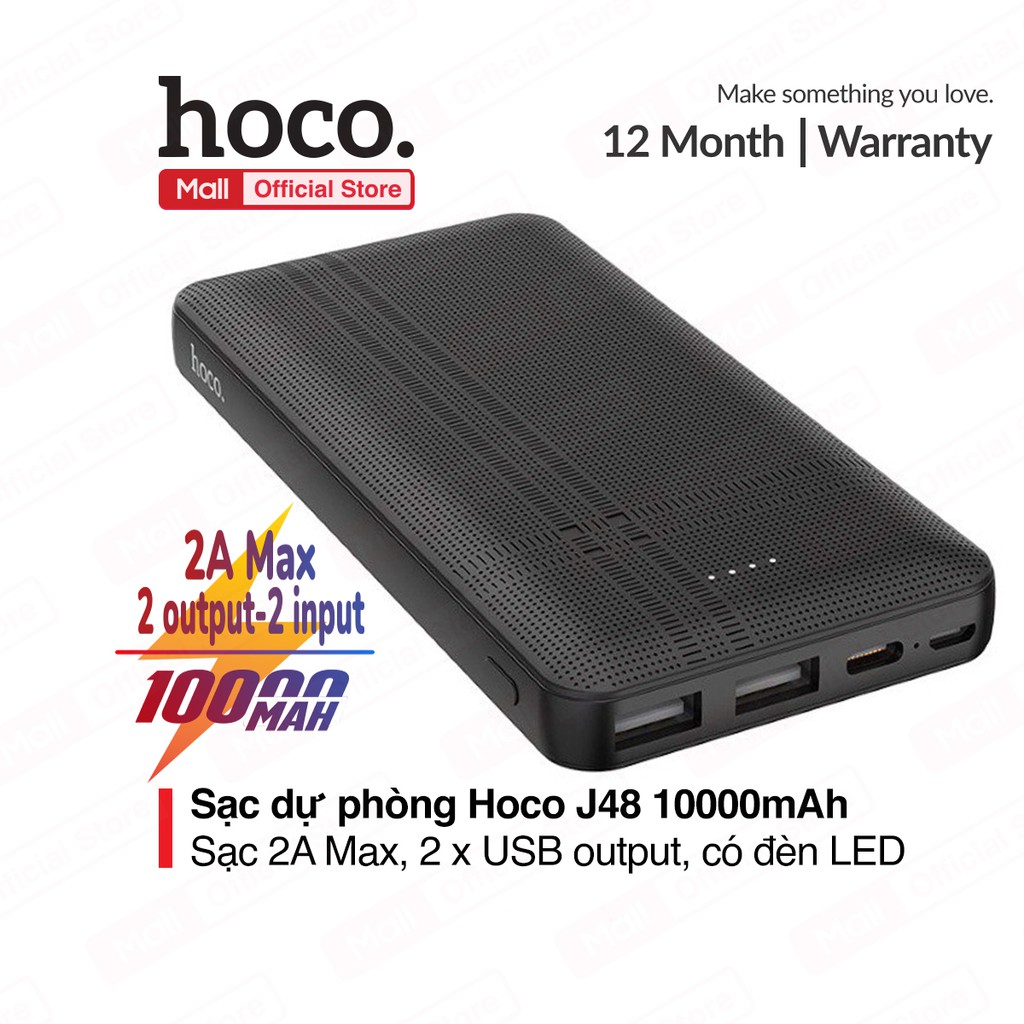 Pin sạc dự phòng Hoco J48 dung lượng 10000mAh lõi Polymer 2 cổng ra USB, sạc nhanh 2A Max, có đèn LED