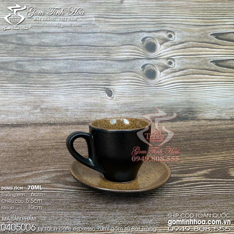 Bộ ly tách sứ uống cà phê espresso 70ml gốm sứ Bát Tràng men đen lòng gốm