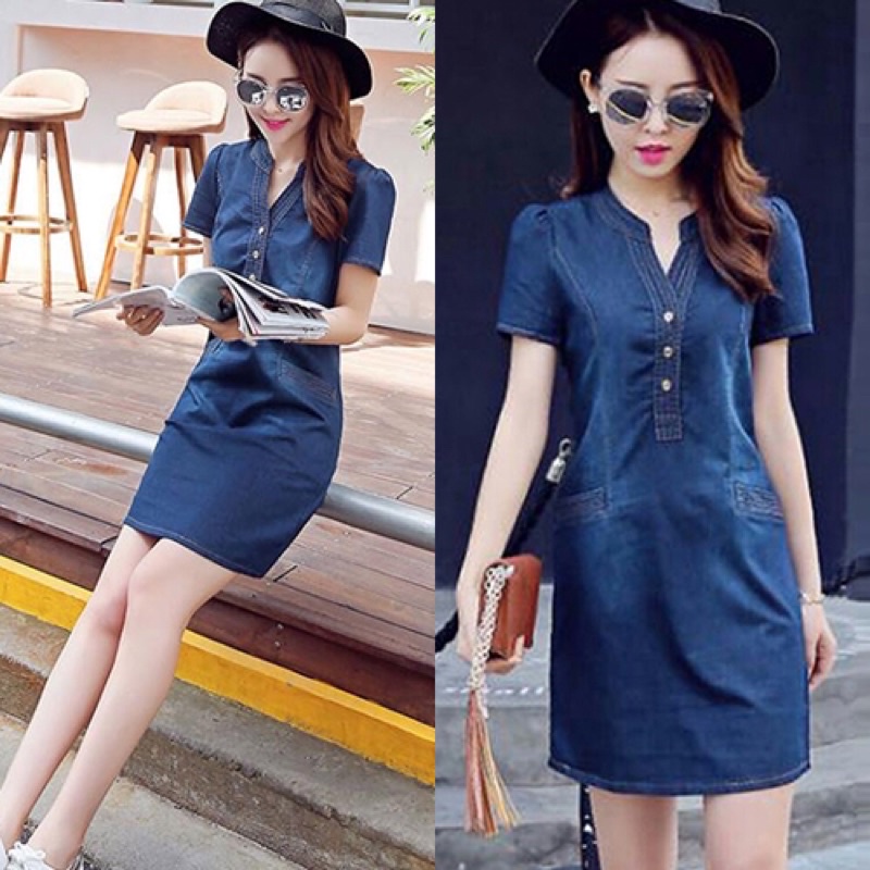 Đầm jean nữ tay ngắn cổ trụ phối túi form suông
