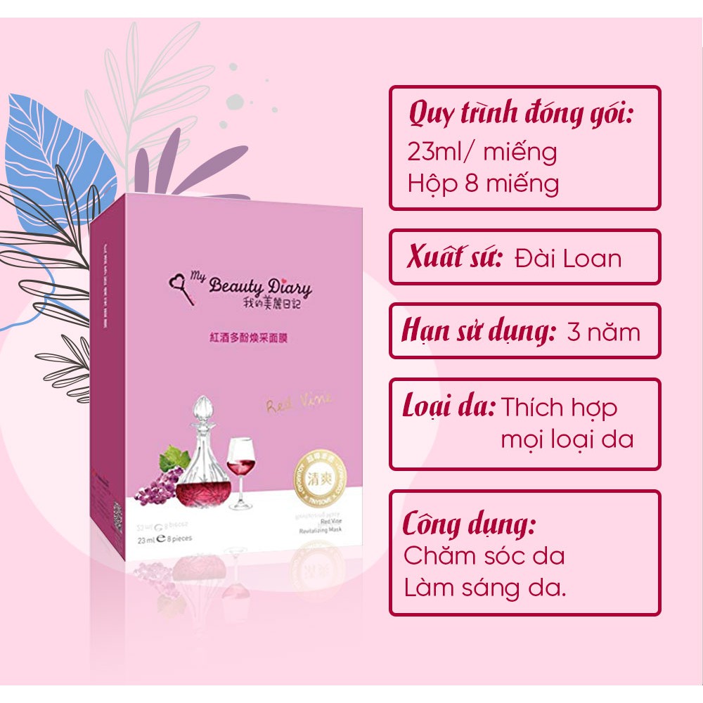 Hộp 8 miếng mặt nạ se khít lỗ chân lông và phục hồi My Beauty DiaryTaiwan Red Vine Revitalizing Mask Vang đỏ 23ml/Miếng