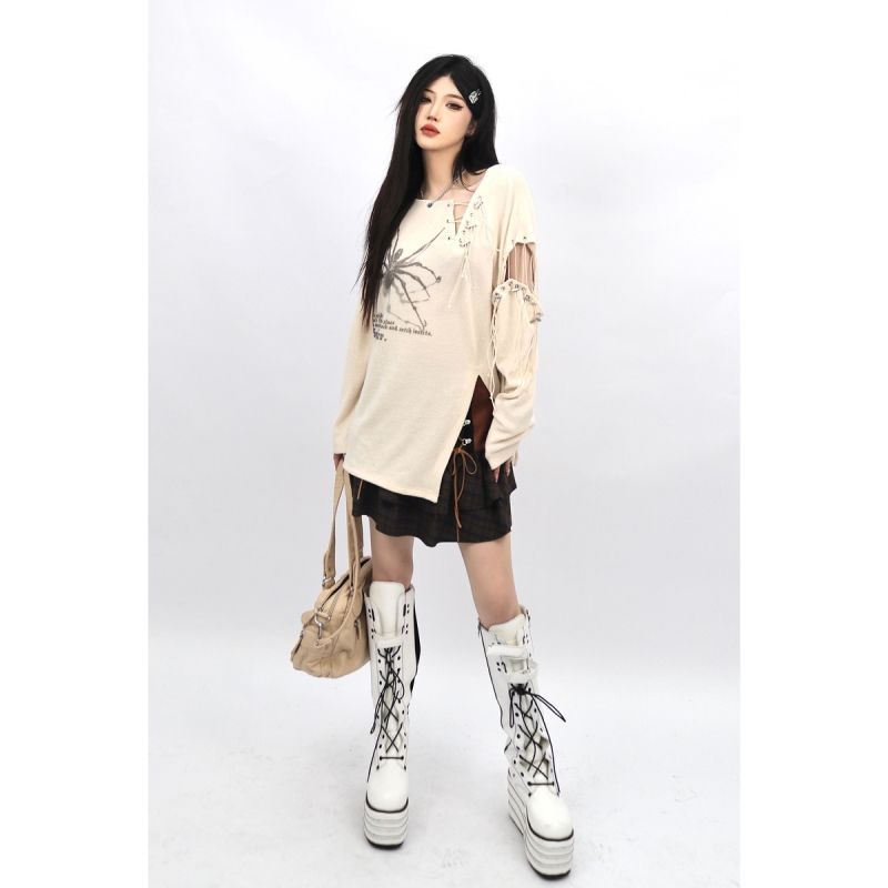 Áo Thun Tay Dài Dáng Rộng In Hình Nhện Phong Cách Đường Phố Mỹ Thời Trang Mùa Xuân Cho Nữ