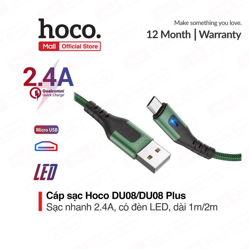 Cáp sạc Hoco DU08/DU08 Plus Micro USB, sạc nhanh 2.4A, dây bọc dù chống đứt, có đèn LED dài 1m/2m