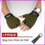 Găng tay nam hở ngón thể thao lái xe, đi phượt 206214 (xanh oliu) tặng móc khóa da