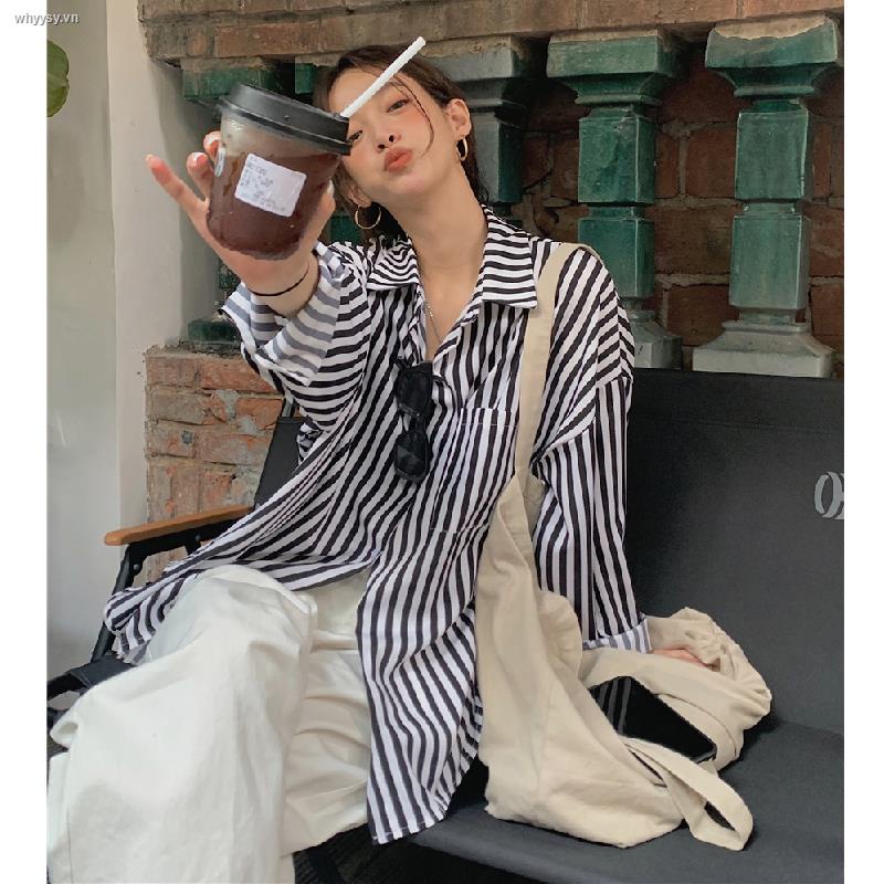 Áo Sơ Mi Tay Dài Dáng Rộng Họa Tiết Kẻ Sọc Phong Cách Retro Hong Kong Thời Trang Cho Nữ